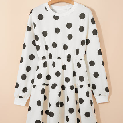 White Polka Dot Printed Long Sleeve Flared Mini Dress