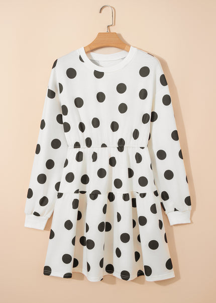 White Polka Dot Printed Long Sleeve Flared Mini Dress