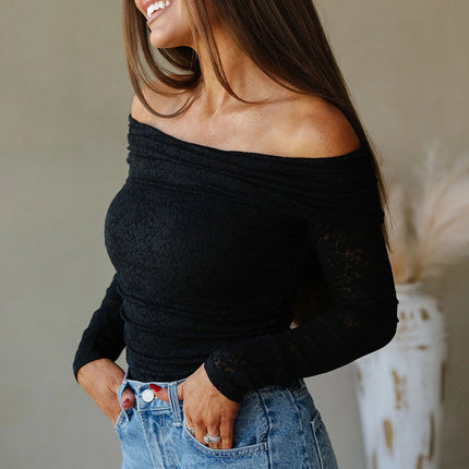 Black Floral Lace Off-shoulder Long Sleeve Slim Top