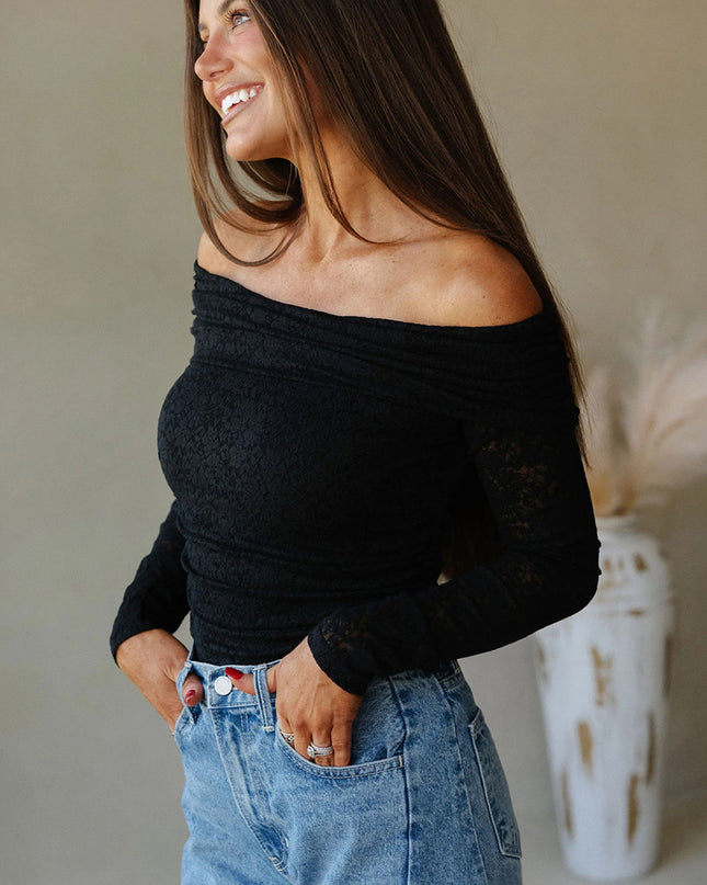 Black Floral Lace Off-shoulder Long Sleeve Slim Top