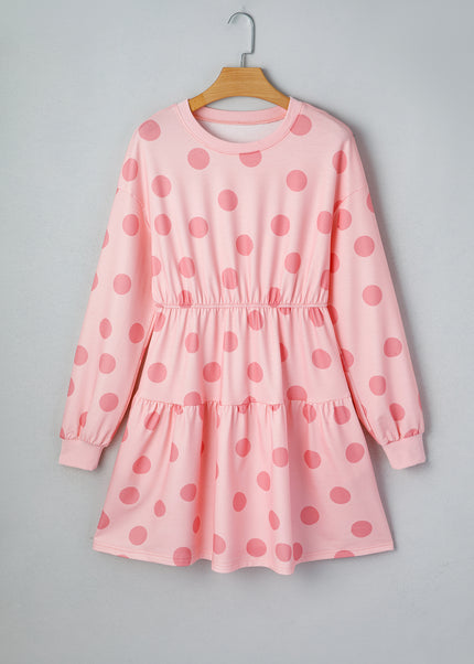 White Polka Dot Printed Long Sleeve Flared Mini Dress