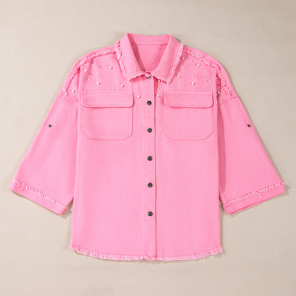 Khaki Pearl Beaded Raw Hem Button Up Denim Jacket
