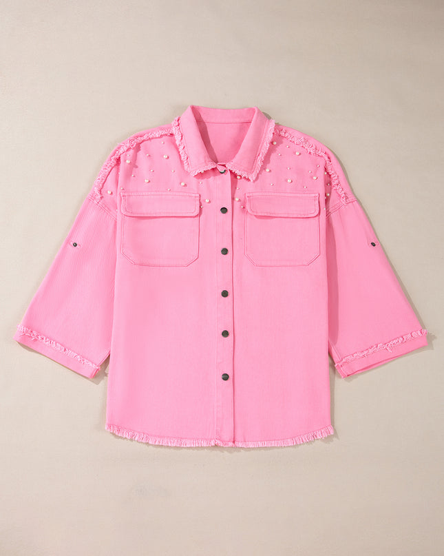 Khaki Pearl Beaded Raw Hem Button Up Denim Jacket
