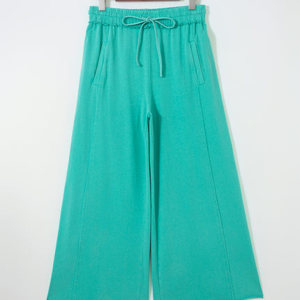 Sea Green Drawstring Elastic Waist Raw Hem Loose Pants