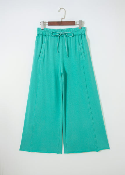 Sea Green Drawstring Elastic Waist Raw Hem Loose Pants
