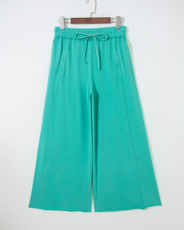 Sea Green Drawstring Elastic Waist Raw Hem Loose Pants