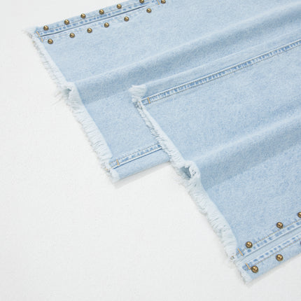 Beau Blue Studded Side Slit Leg Frayed Pocketed Wide Leg Jeans