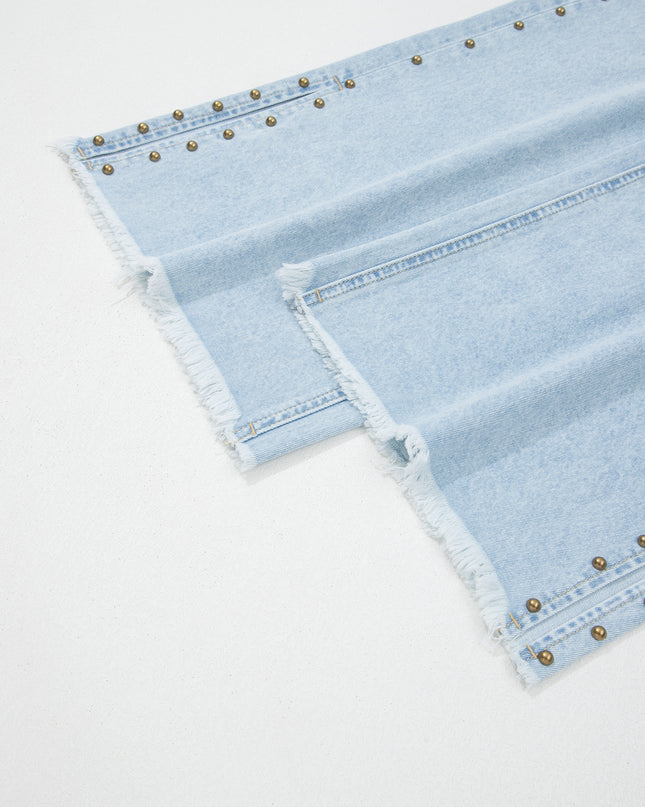 Beau Blue Studded Side Slit Leg Frayed Pocketed Wide Leg Jeans