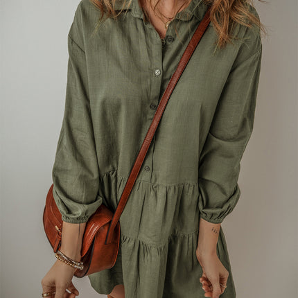 Tan Puff Sleeve Buttoned Tiered Pleated Shirt Mini Dress