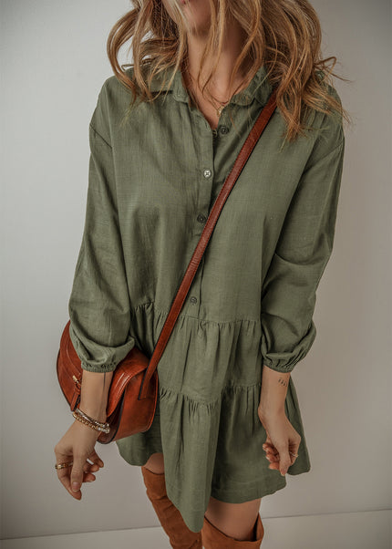 Tan Puff Sleeve Buttoned Tiered Pleated Shirt Mini Dress