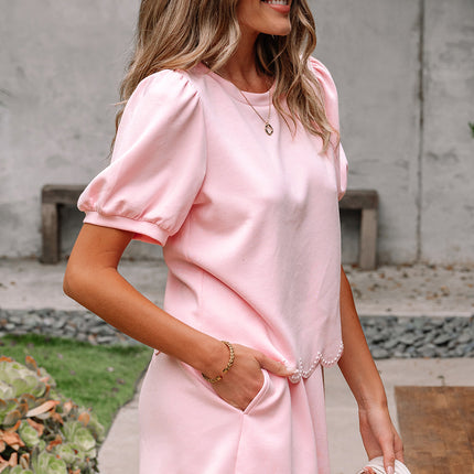 Light Pink Puff Sleeve Pearl Embellished Scallop Trim Top 2 Piece Skort Set