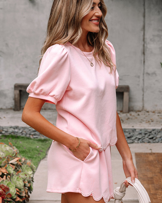 Light Pink Puff Sleeve Pearl Embellished Scallop Trim Top 2 Piece Skort Set