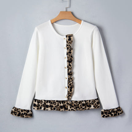 White Knitted Leopard Ruffle Patchwork Button Down Cropped Cardigan