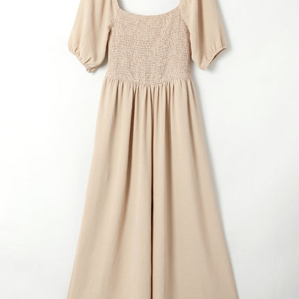 Apricot Short Bubble Sleeve Smocked Wide Leg Jumpsuit
