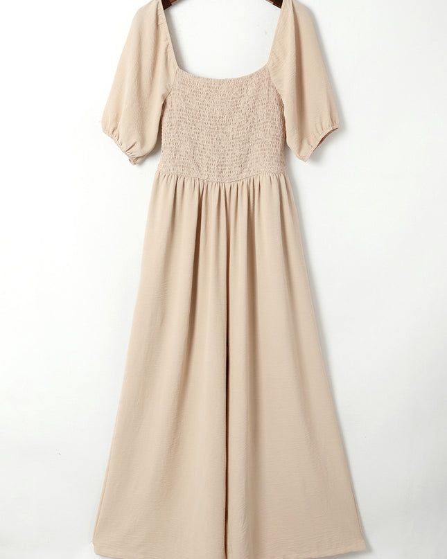 Apricot Short Bubble Sleeve Smocked Wide Leg Jumpsuit