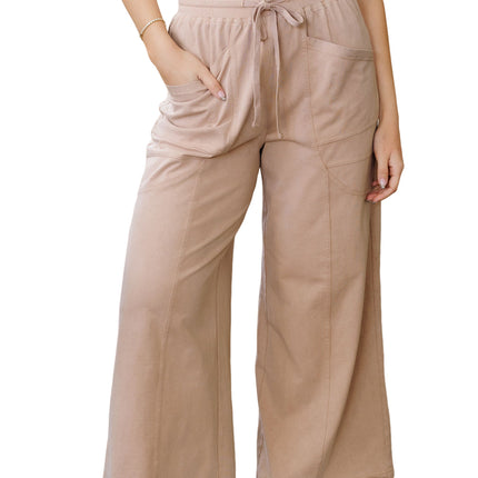 Smoke Gray Solid Color Piping Trim Pocketed Wide Leg Pants