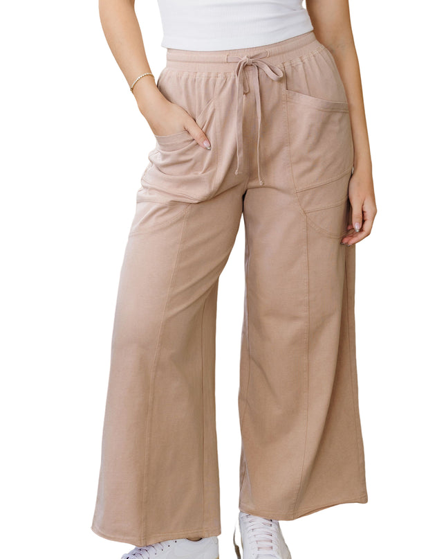 Smoke Gray Solid Color Piping Trim Pocketed Wide Leg Pants