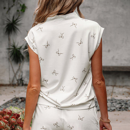 Beige Bow Print Half Zip Tank and Shorts 2pcs Set