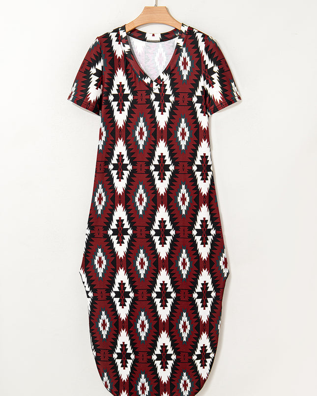 Red Western Aztec Printed Long T-shirt Dress