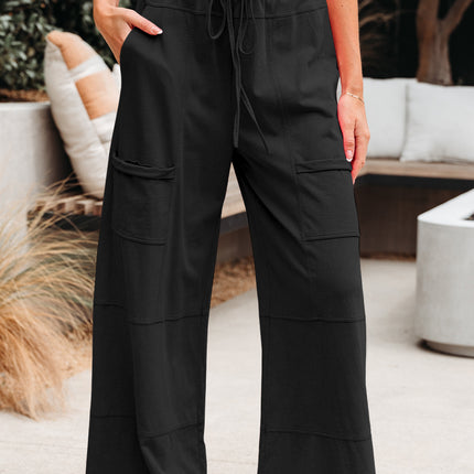 Bonbon Exposed Seam Drawstring Elastic Waistband Wide Leg Cargo Pants