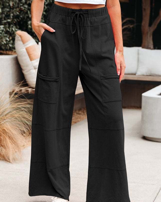 Bonbon Exposed Seam Drawstring Elastic Waistband Wide Leg Cargo Pants