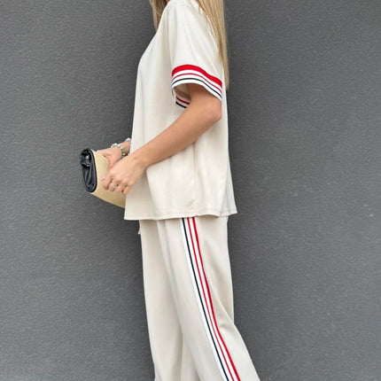 Jet Stream Contrast Striped Trim Crewneck T Shirt Loose Straight Pants Set