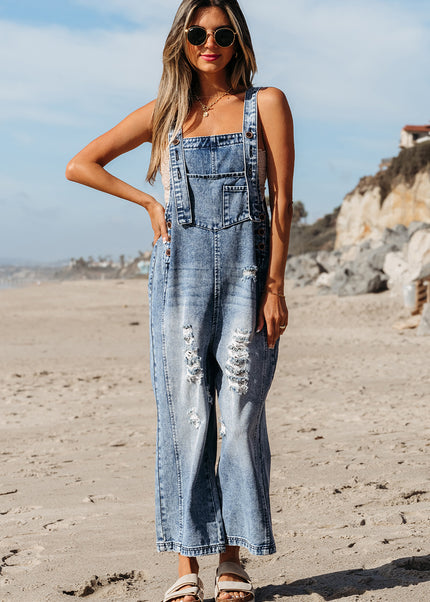 Stone Blue Distressed Bib Pocket Wide Leg Denim Overall