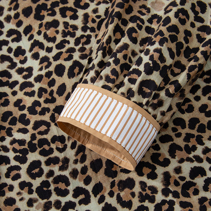 Khaki Contrast Striped Trim V Neck Leopard Shirt