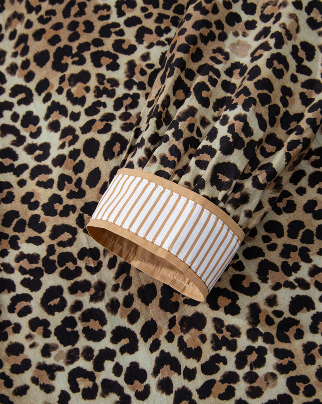 Khaki Contrast Striped Trim V Neck Leopard Shirt