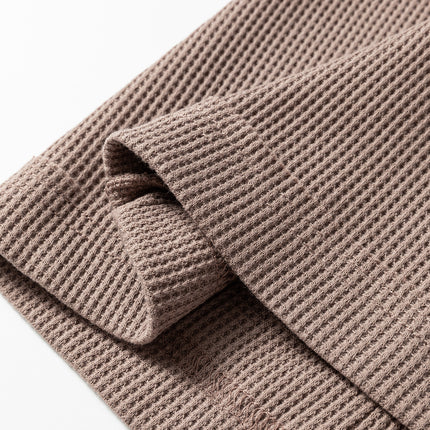Beige Solid Color Waffle Knit Asymmetric Neck Long Sleeve Top