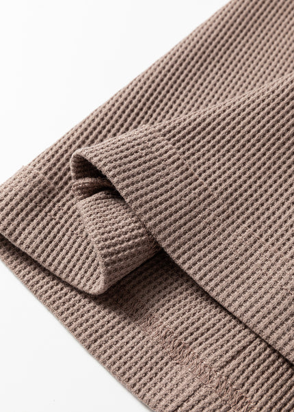 Beige Solid Color Waffle Knit Asymmetric Neck Long Sleeve Top