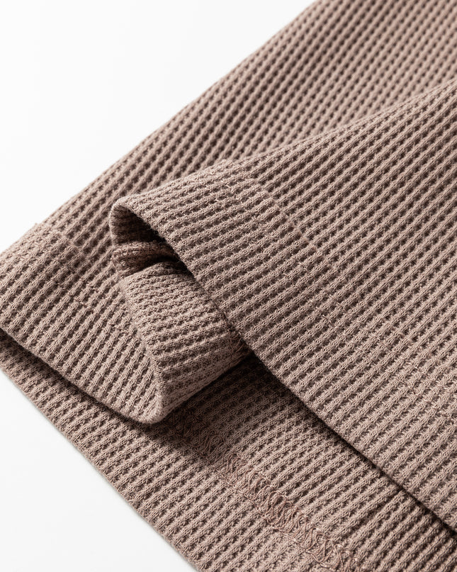 Beige Solid Color Waffle Knit Asymmetric Neck Long Sleeve Top