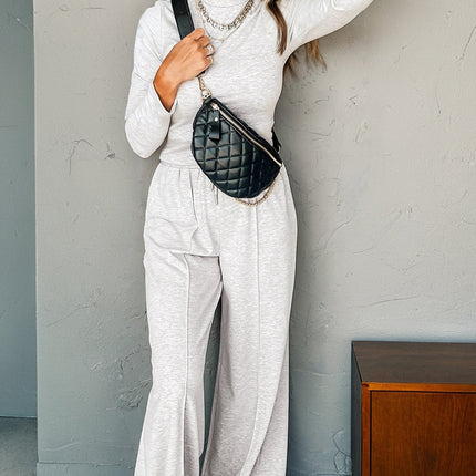 Light Grey Long Sleeve High Neck Slim Top Smocked Waist Central Seam Pants Set