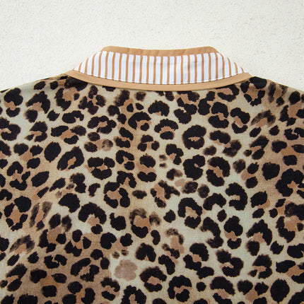 Khaki Contrast Striped Trim V Neck Leopard Shirt