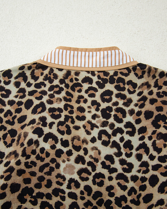Khaki Contrast Striped Trim V Neck Leopard Shirt