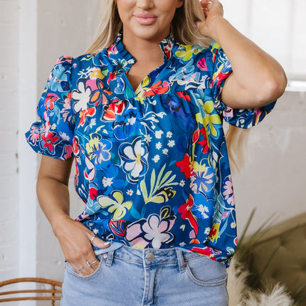 Blue Flower Print Collared V Neck Puff Short Sleeve Loose Blouse