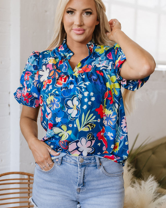 Blue Flower Print Collared V Neck Puff Short Sleeve Loose Blouse