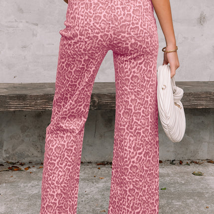 Rose Leopard Frayed Edge Wide Leg High Waist Jeans
