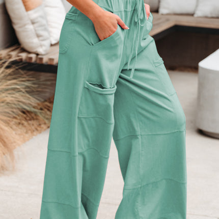 Bonbon Exposed Seam Drawstring Elastic Waistband Wide Leg Cargo Pants