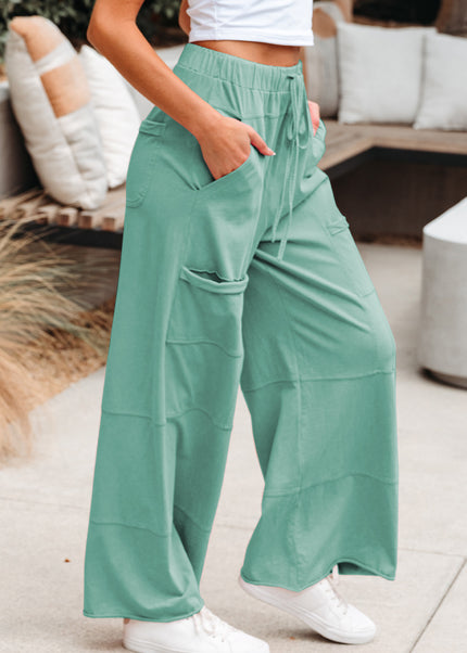 Bonbon Exposed Seam Drawstring Elastic Waistband Wide Leg Cargo Pants
