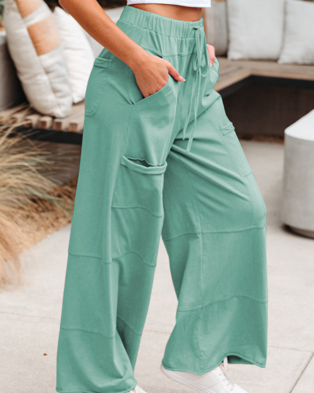 Bonbon Exposed Seam Drawstring Elastic Waistband Wide Leg Cargo Pants