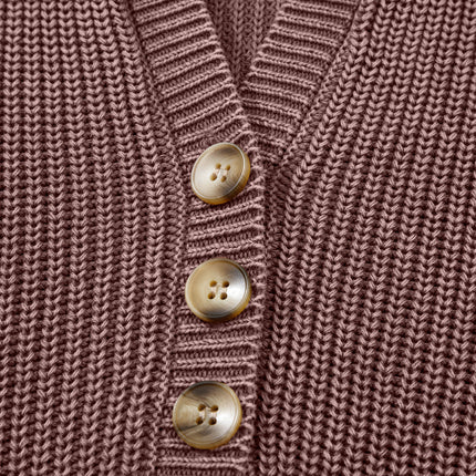 Dark Brown Washed Knit Button Polo Collar Loose Sweater