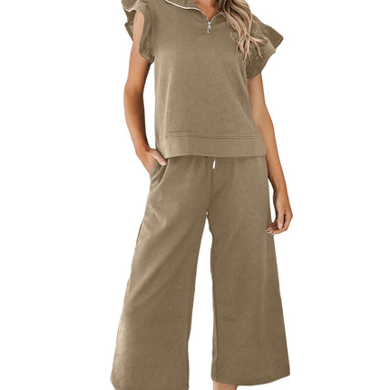 Black Textured Flutter Sleeve Top Wide Leg Pants Set