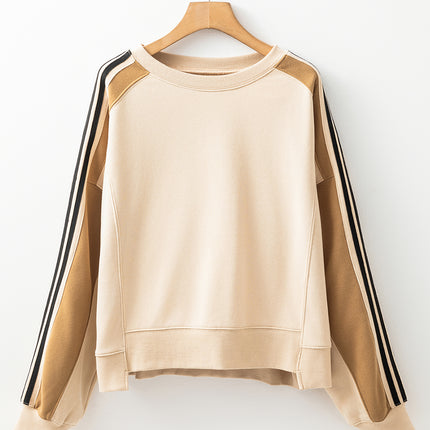 Beige Contrast Striped Patchwork Drop Shoulder Loose Sweatshirt