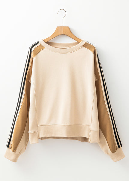 Beige Contrast Striped Patchwork Drop Shoulder Loose Sweatshirt