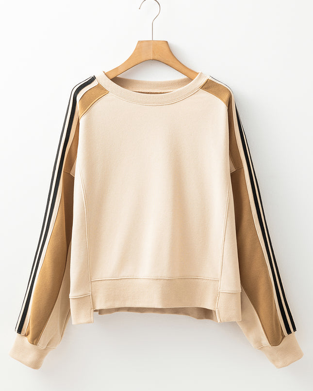 Beige Contrast Striped Patchwork Drop Shoulder Loose Sweatshirt