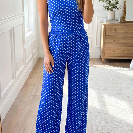Pink Polka Dot Print Slim Tank Loose Pants Set Outfit