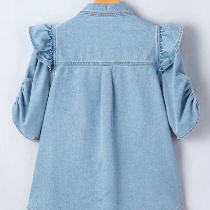 Myosotis Ruffle Detail Short Puff Sleeve Button Down Flap Pocket Denim Shirt