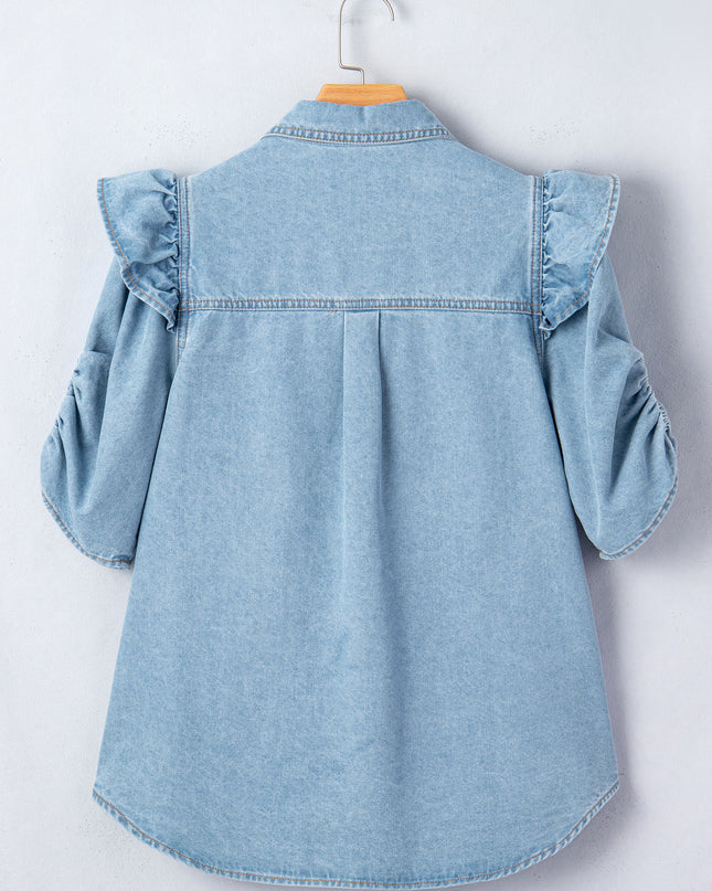 Myosotis Ruffle Detail Short Puff Sleeve Button Down Flap Pocket Denim Shirt