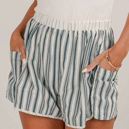 Gray Stripe Elastic Waist Cargo Pocket Casual Shorts